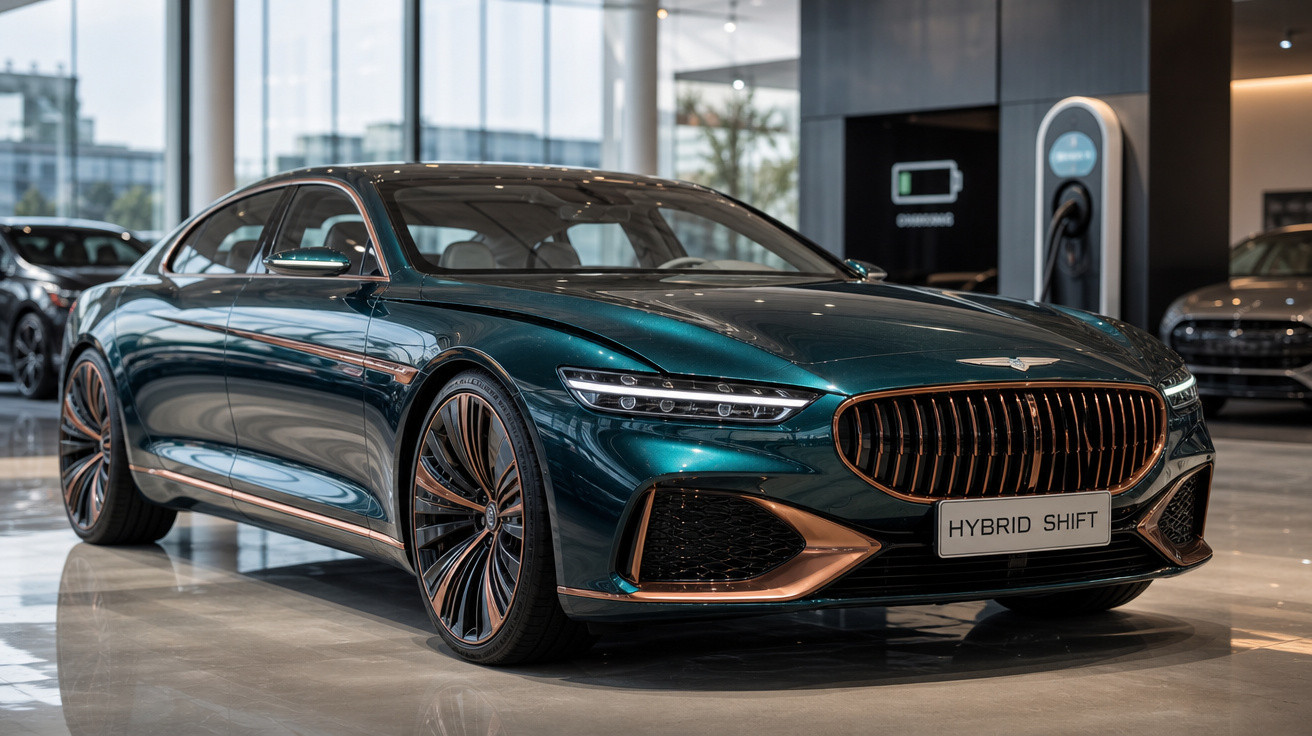 Carro esportivo híbrido verde com detalhes em bronze exposto em concessionária moderna.
