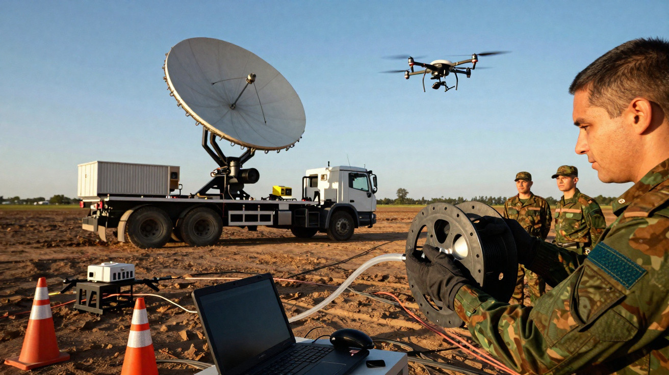 Soldados militares operam drone e equipamentos de comunicação em veículo com antena parabólica em área aberta.