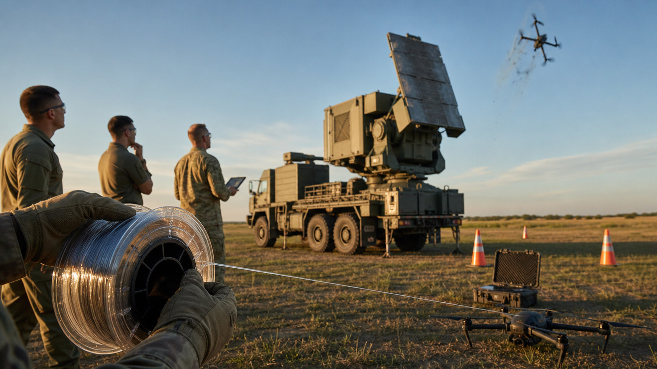 Militares operam sistema antimísseis para derrubar drone em campo aberto ao entardecer.