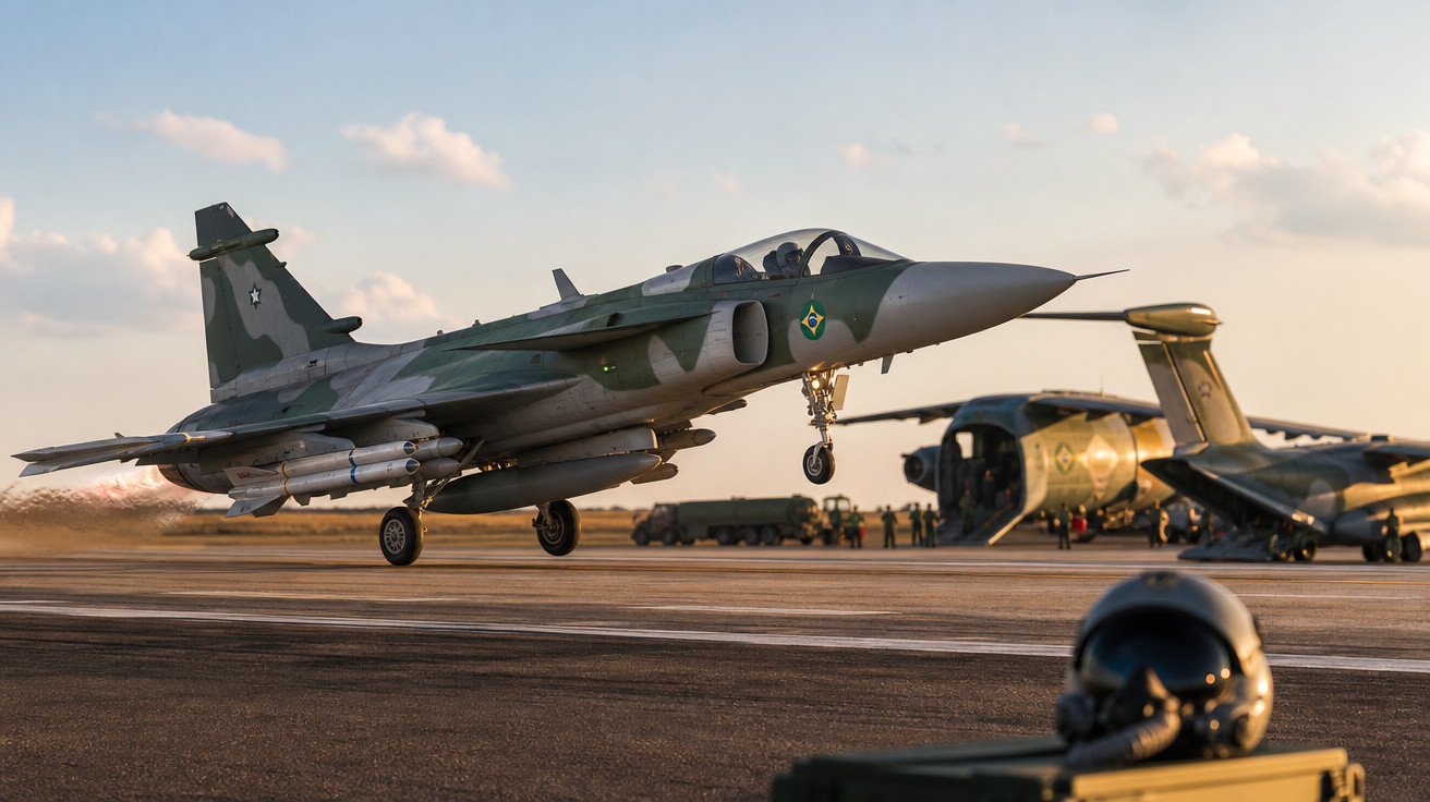 Caça militar brasileiro decolando com helicóptero e avião no fundo em pista de aeródromo ao entardecer.