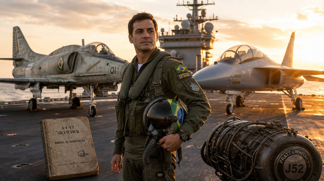 Piloto da Marinha do Brasil em convés de navio com dois aviões militares e motor de avião ao pôr do sol.