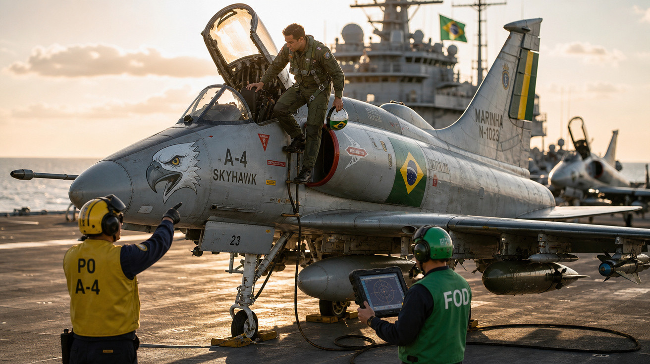 Piloto sai de caça A-4 Skyhawk da Marinha do Brasil em convés de porta-aviões ao pôr do sol.