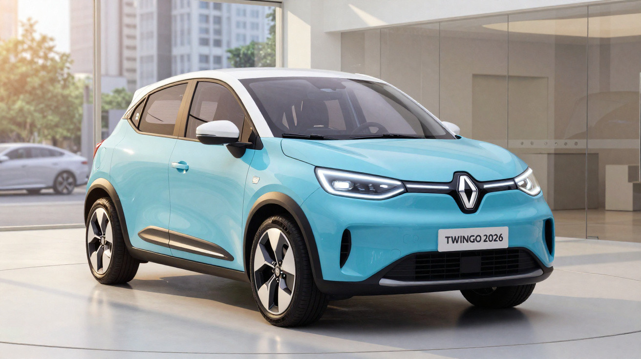 Carro Renault Twingo 2026 azul claro em ambiente interno iluminado naturalmente.