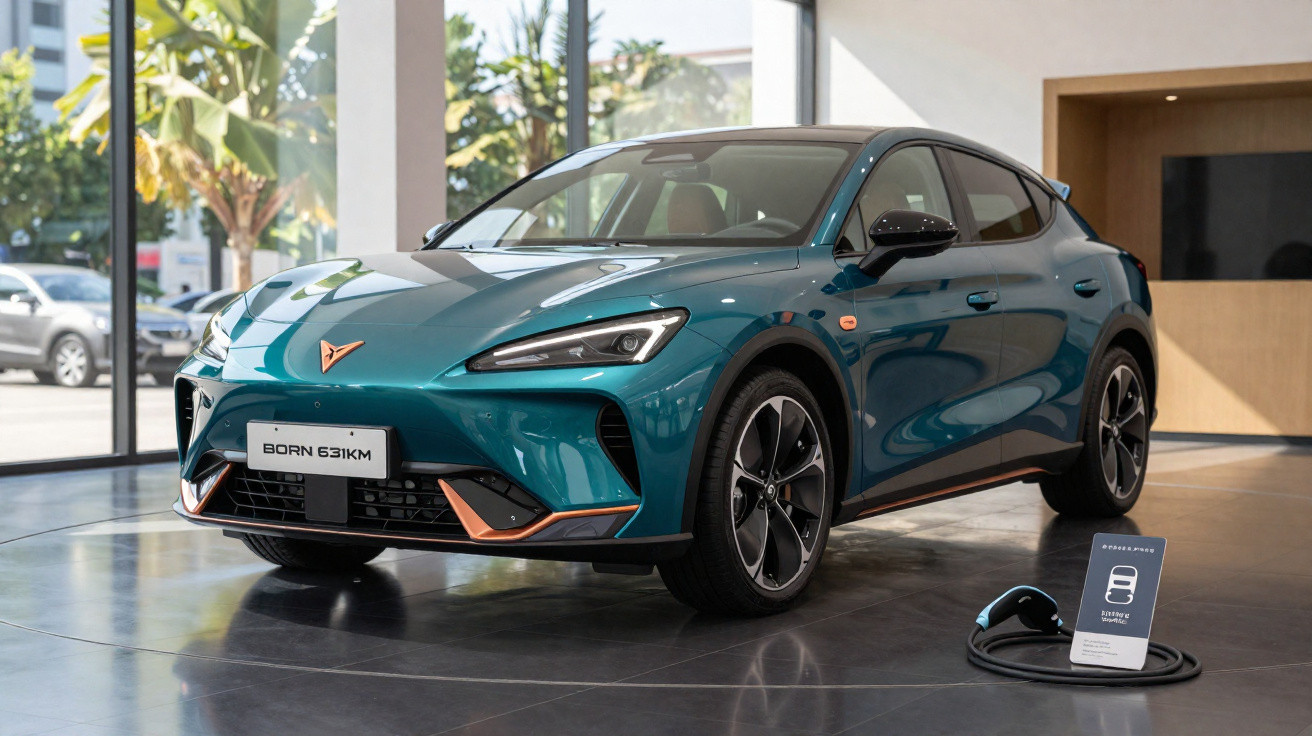 Carro elétrico Cupra Born azul em showroom moderno com carregador ao lado.