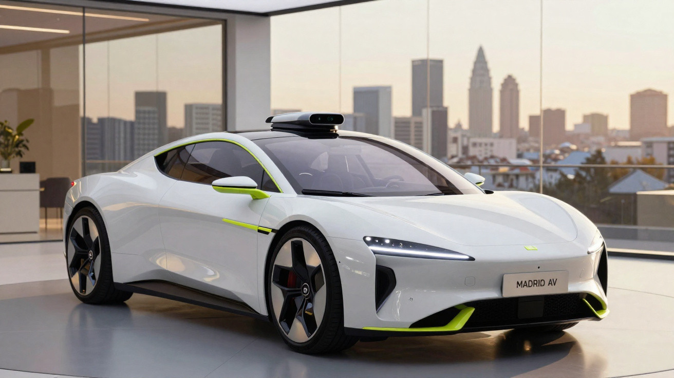 Carro esportivo branco com detalhes verdes em exibição interna com vista urbana ao fundo.