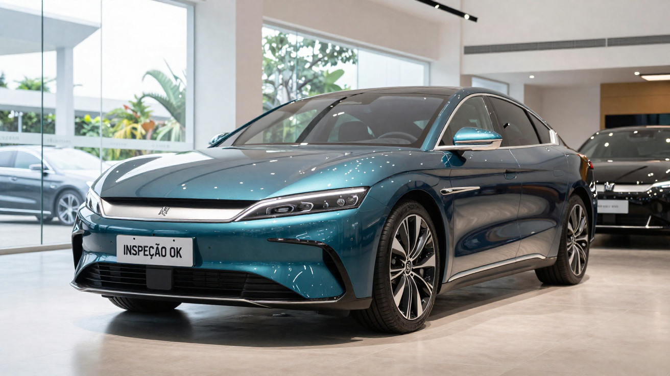 Carro elétrico azul metálico em showroom, com placa "Inspeção OK" em destaque na frente.