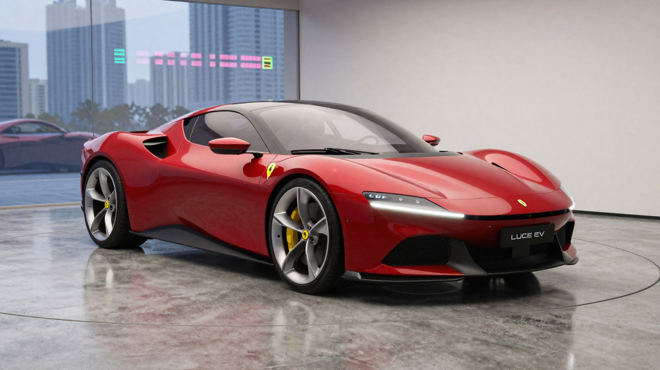 Carro esportivo vermelho Ferrari Luce EV exibido em showroom moderno com piso de concreto polished.