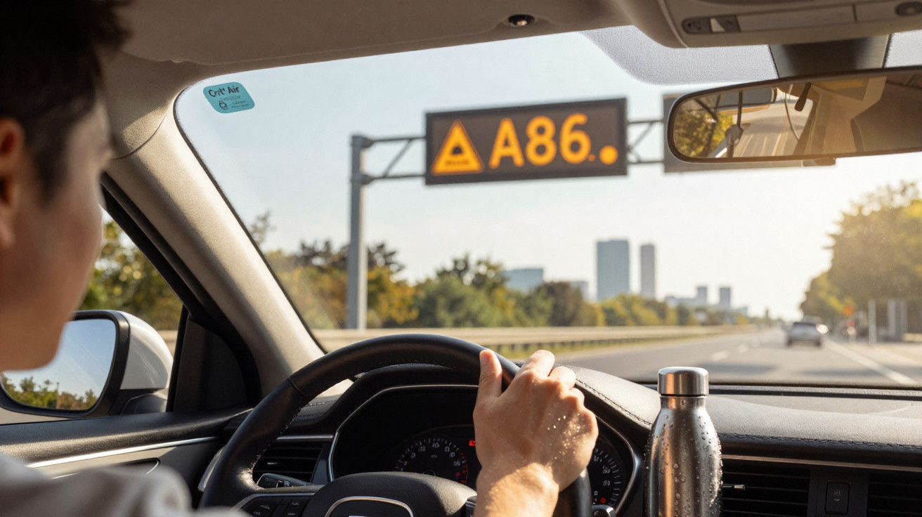Motorista dirigindo em rodovia com placa eletrônica indicando A86 em dia claro.