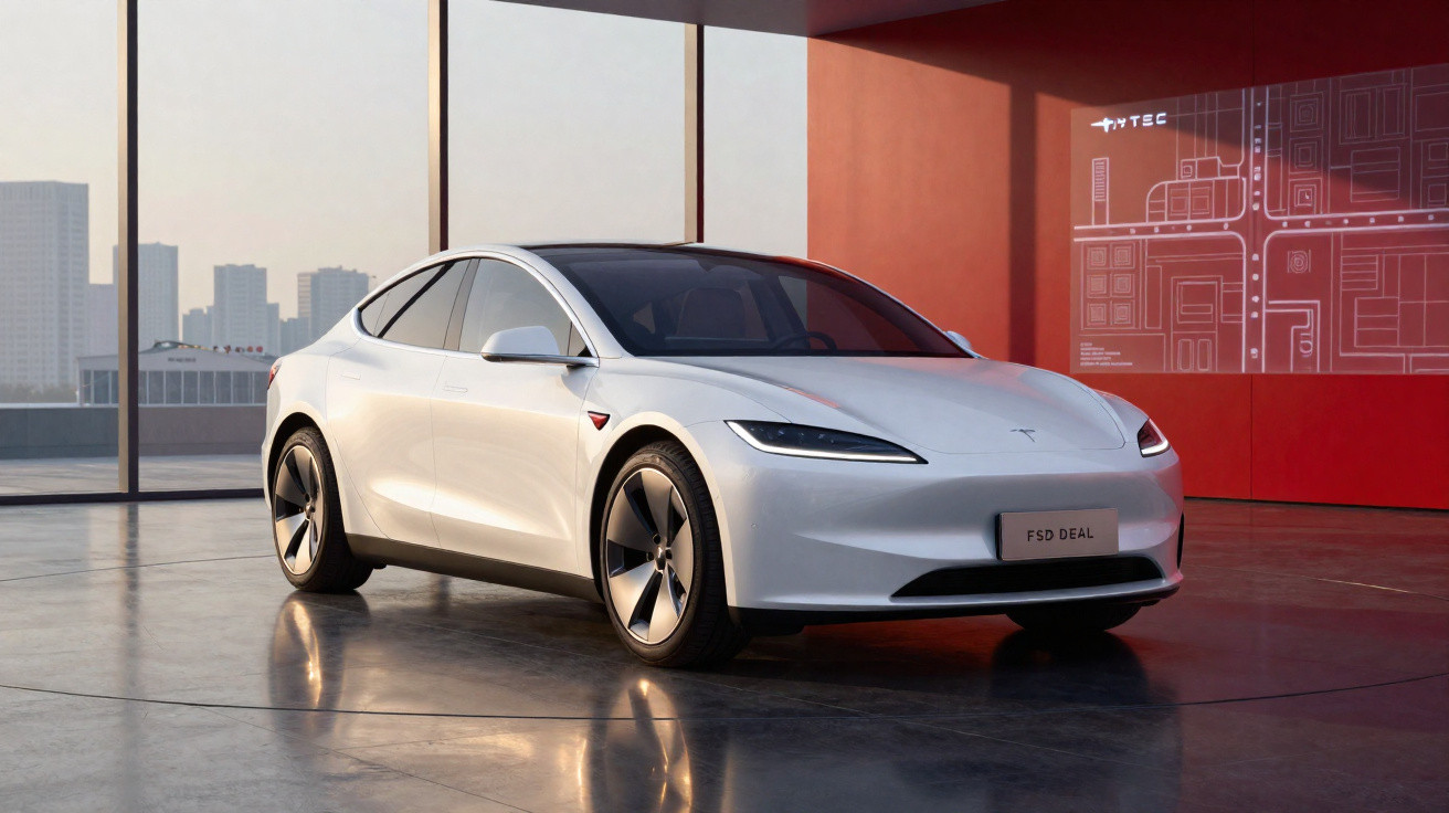 Carro elétrico branco Tesla modelo S em ambiente moderno com janelas amplas e luz natural.