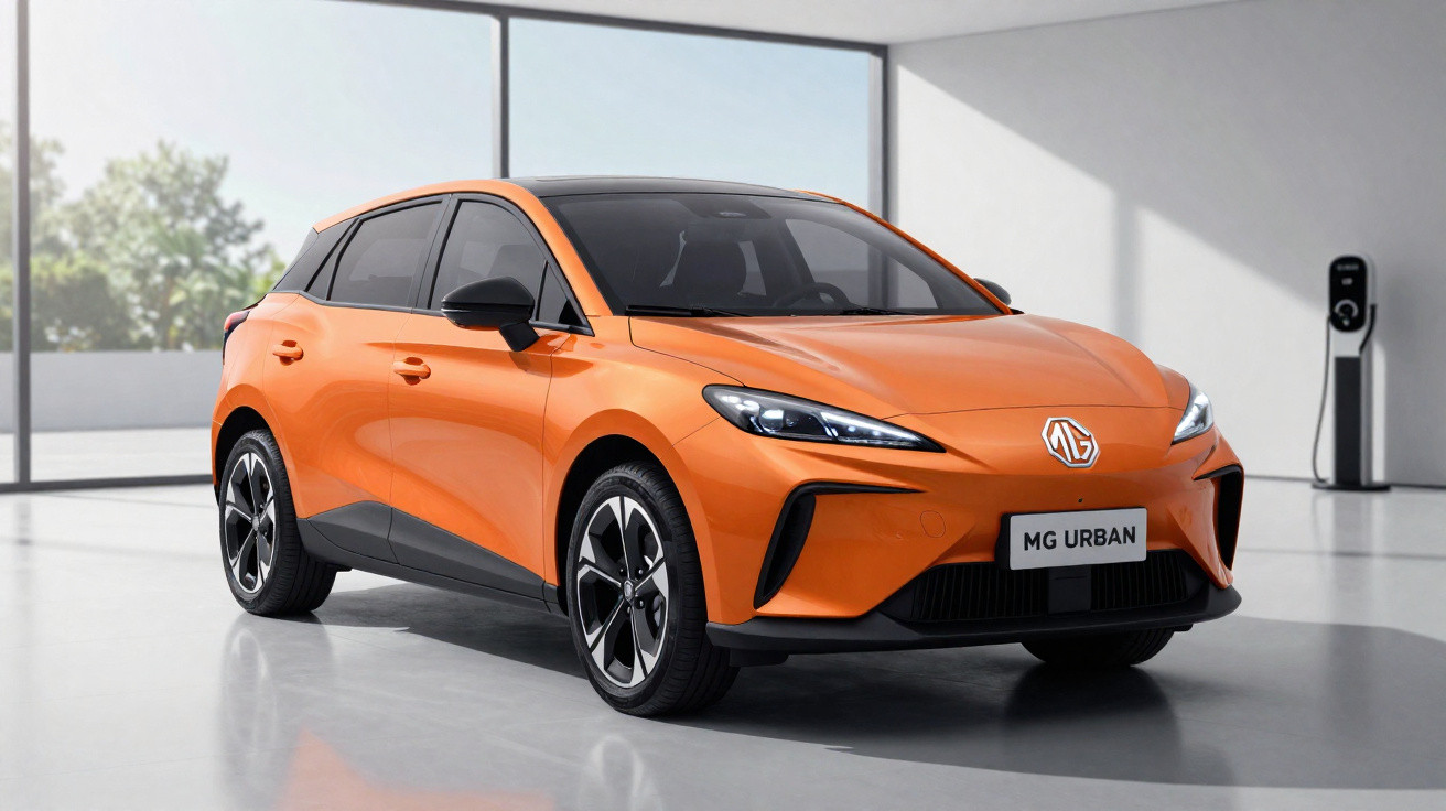 Carro elétrico compacto laranja MG Urban estacionado em ambiente interno com carregador elétrico ao fundo.