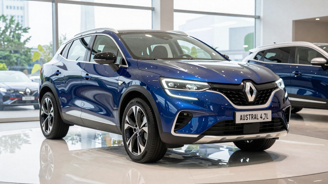Carro SUV Renault Austral azul em exposição dentro de showroom iluminado.