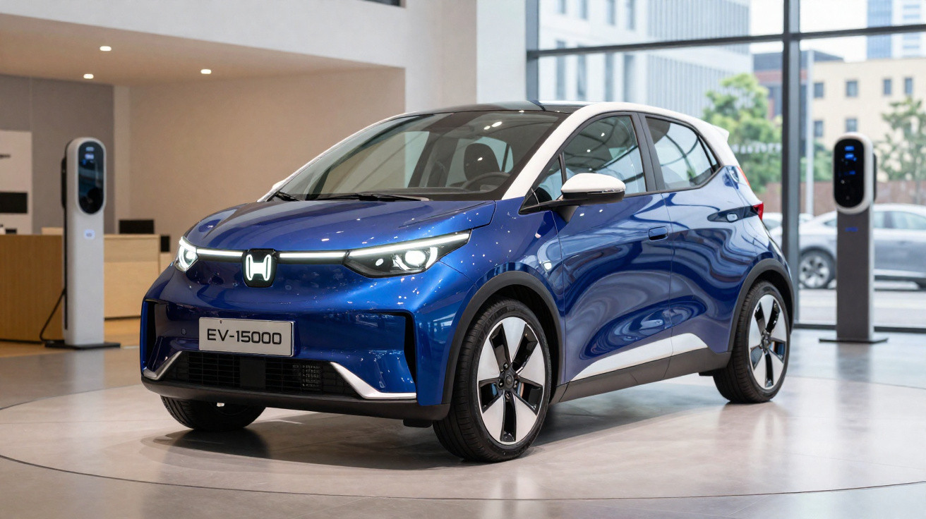 Carro elétrico azul Honda EV-15000 exibido em showroom moderno com estação de recarga ao fundo.