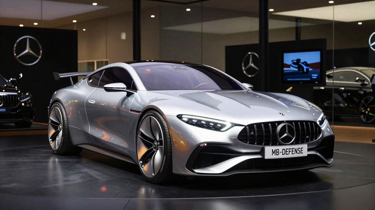Carro esportivo Mercedes-Benz prata exposto em salão, com design moderno e aerodinâmico.