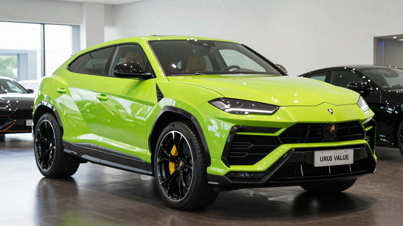 SUV Lamborghini Urus verde limão em showroom com acabamentos em preto e rodas esportivas.