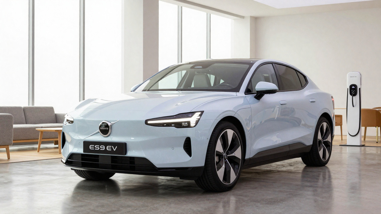 Carro elétrico Volvo ES9 EV branco em ambiente interno moderno com estação de carregamento ao fundo.