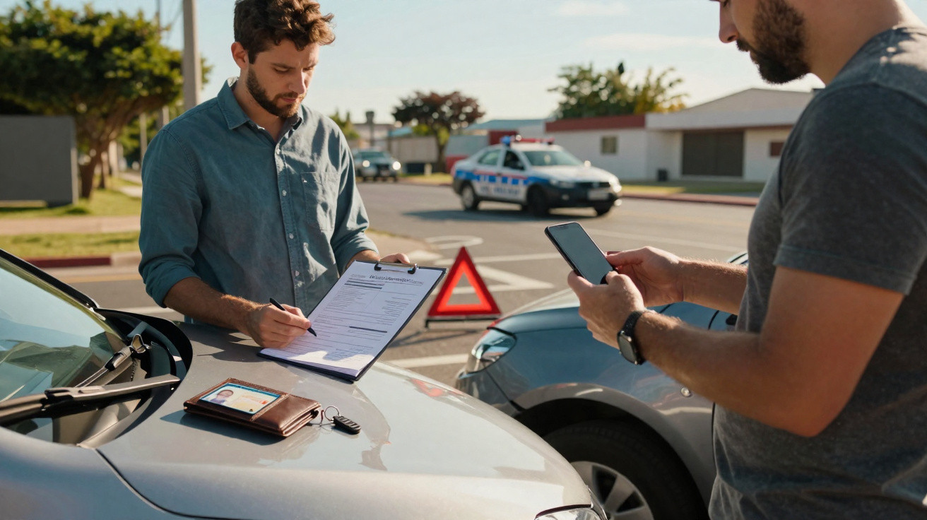 Homem preenchendo formulário de acidente de carro enquanto outro usa celular, com polícia ao fundo.