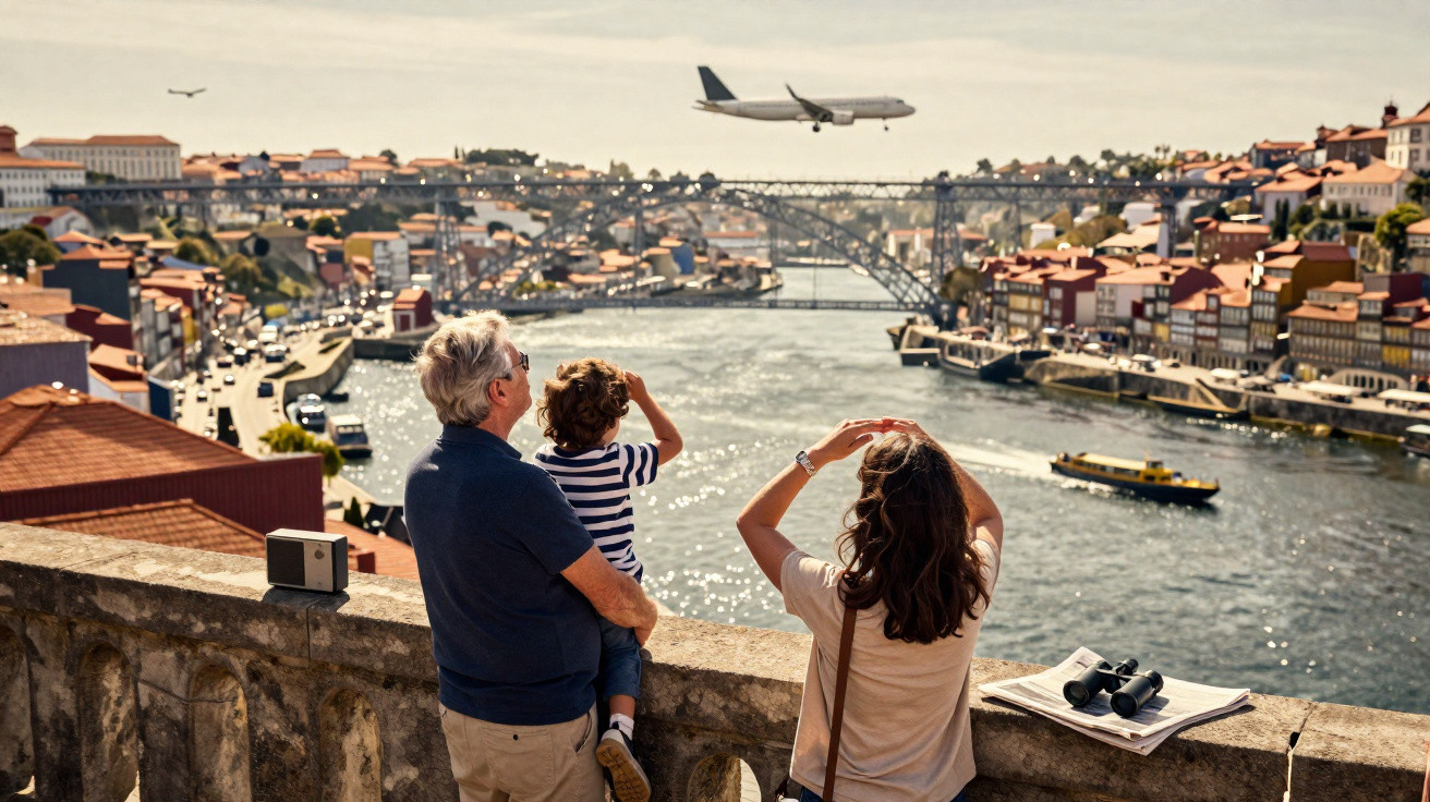 Família observa avião voando sobre rio com ponte e casas coloridas ao fundo em dia ensolarado.