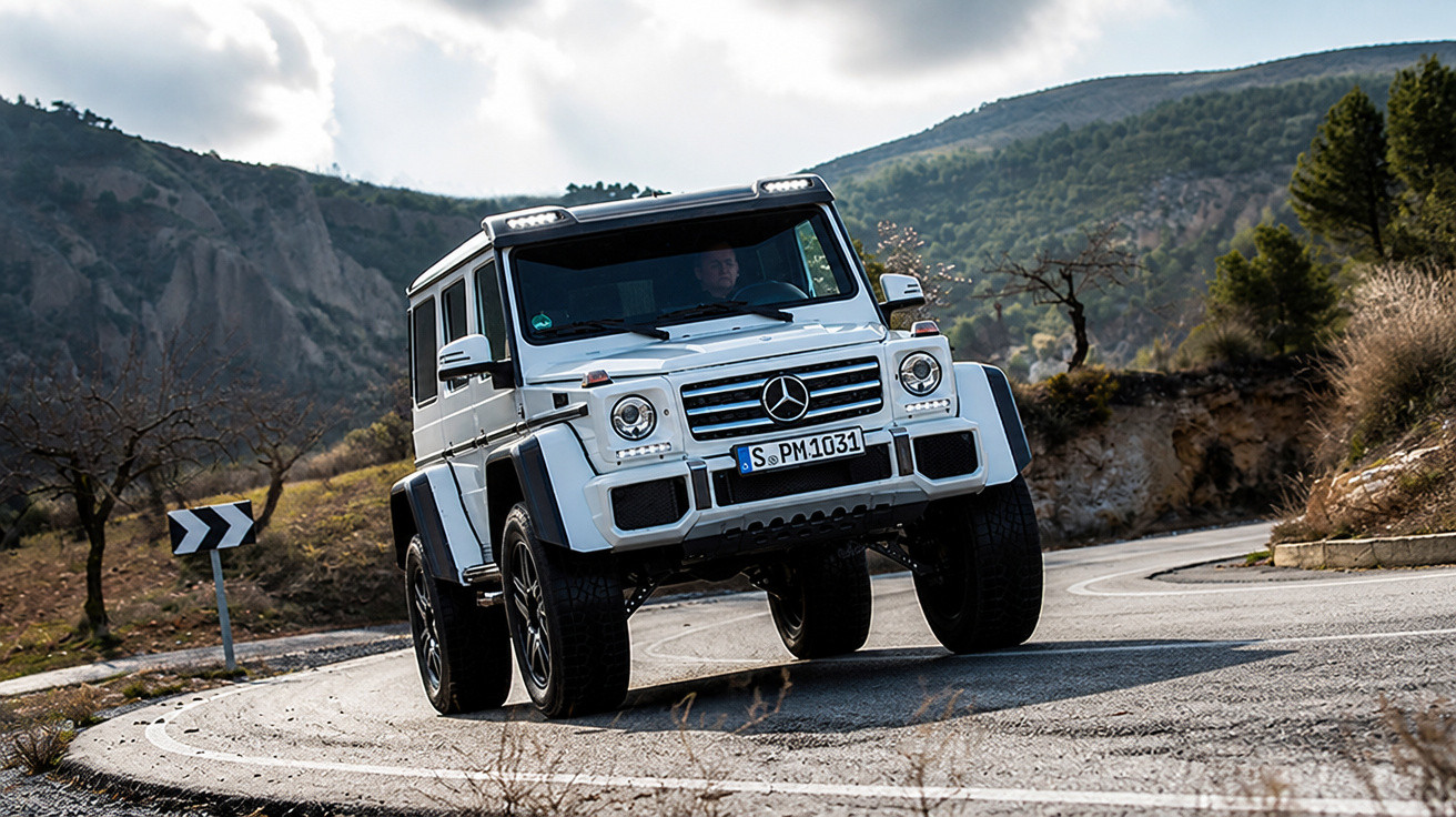 Carro SUV branco Mercedes-Benz G-Class em curva de estrada montanhosa com vegetação e céu nublado.