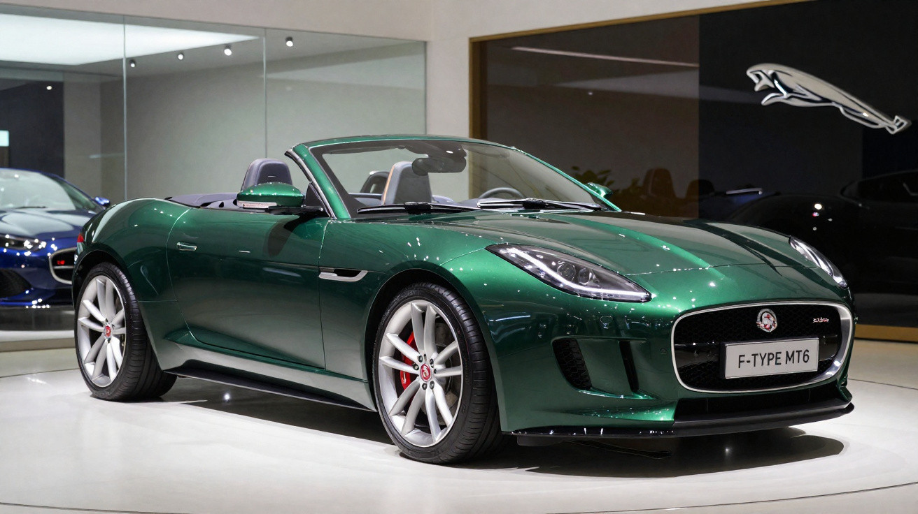 Carro esportivo conversível Jaguar F-Type verde em exposição interna, com rodas prateadas e motoristas vazios.