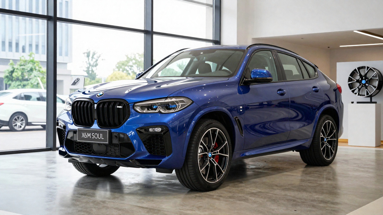 BMW X6 M Soul azul exibido em showroom com rodas esportivas e teto panorâmico.