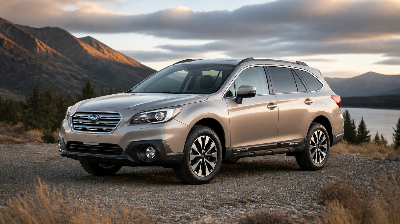 SUV Subaru Outback prata estacionado em estrada de terra com montanhas ao fundo ao entardecer.