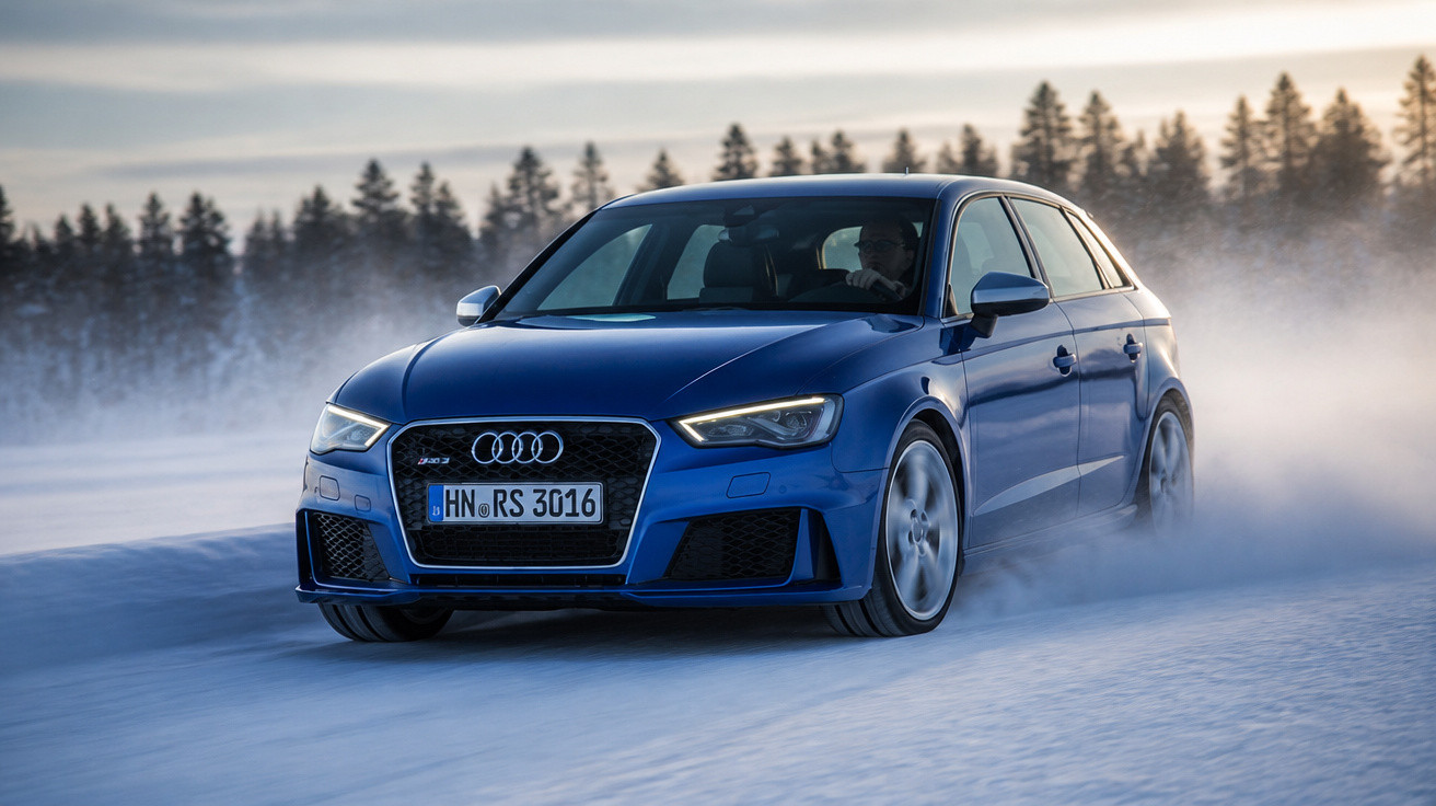 Carro azul Audi RS3 em movimento na neve com árvores ao fundo e céu nublado ao entardecer.