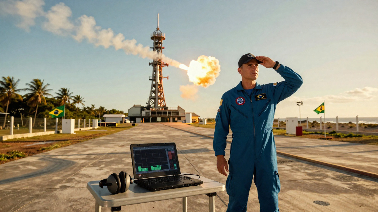 Astronauta brasileiro em uniforme azul com Torre de Lançamento de Foguete e fogo de propulsão ao fundo.
