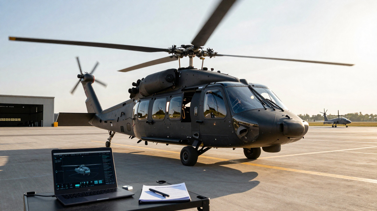 Helicóptero militar preto estacionado em pista com notebook e documentos sobre mesa próxima.