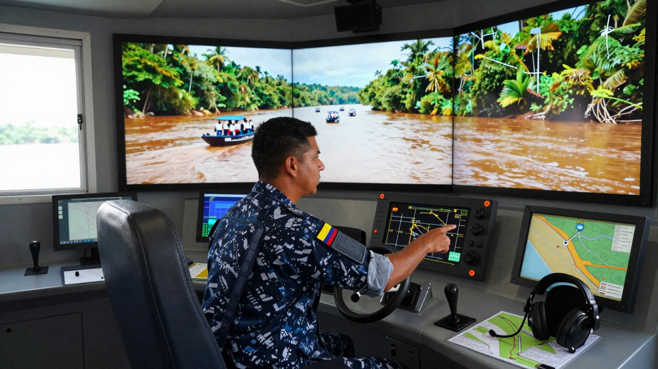 Homem em uniforme de polícia controla barcos em simulador com telas mostrando rio e mapas digitais.