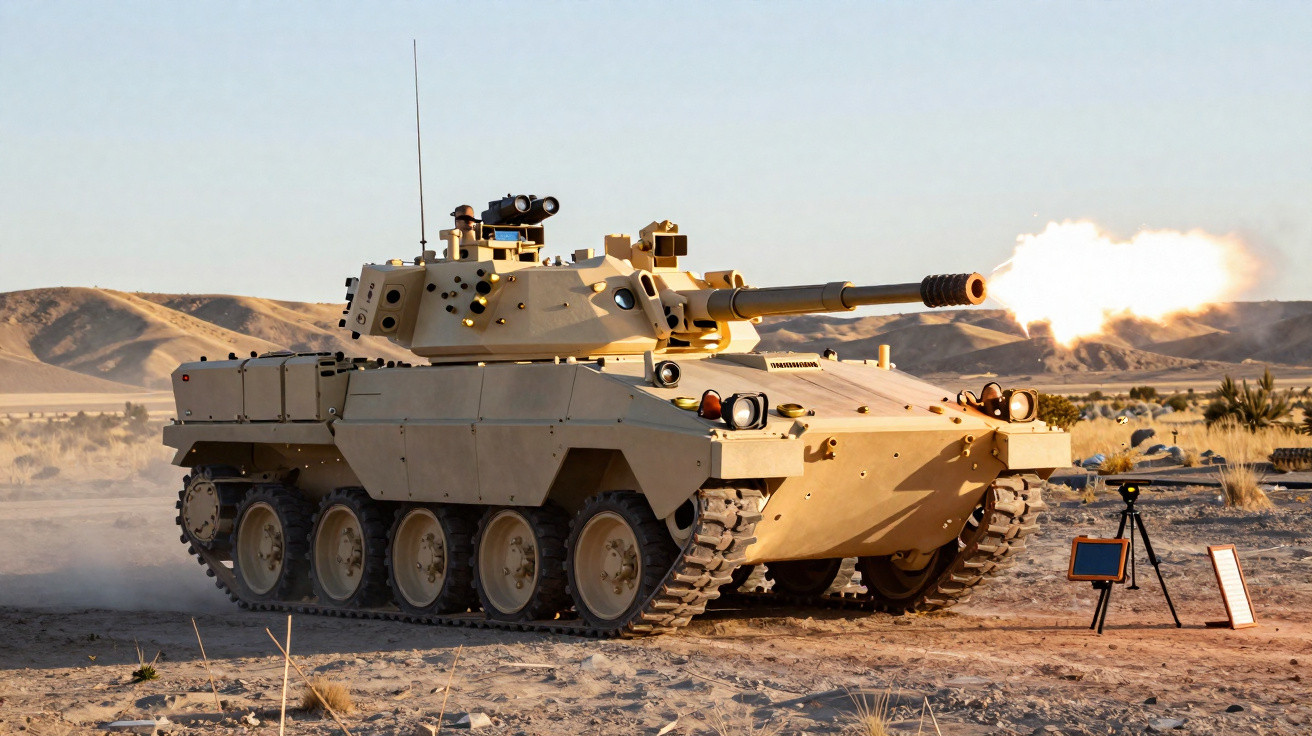 Tanque de guerra bege disparando em terreno desértico com montanhas ao fundo.