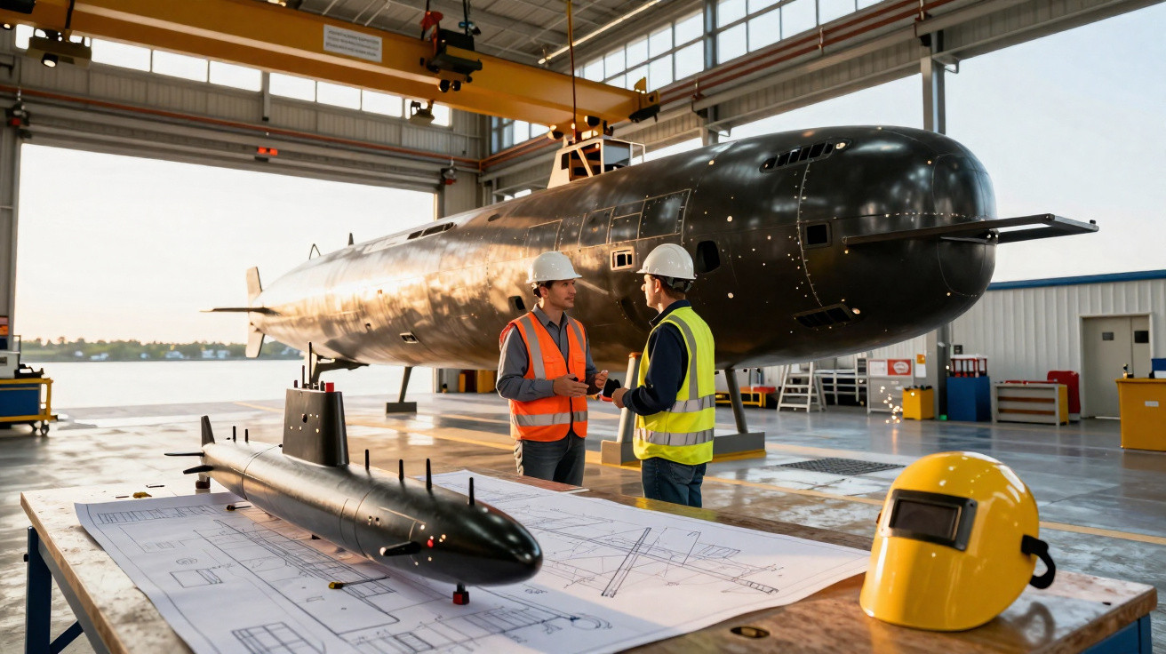 Dois engenheiros em coletes e capacetes conversam perto de um submarino grande em hangar industrial.