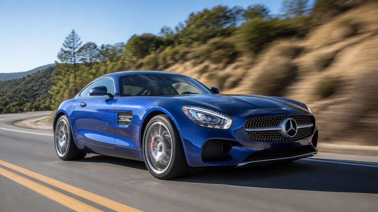 Carro esportivo azul Mercedes-Benz em alta velocidade em estrada sinuosa com paisagem natural ao fundo