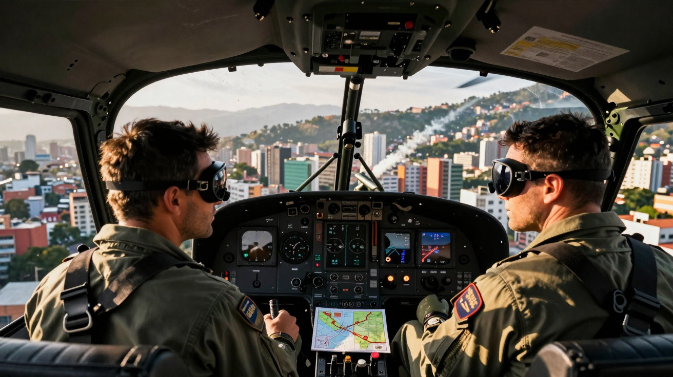 Dois pilotos usando óculos de proteção controlam helicóptero sobrevoando cidade com prédios e morros ao fundo.
