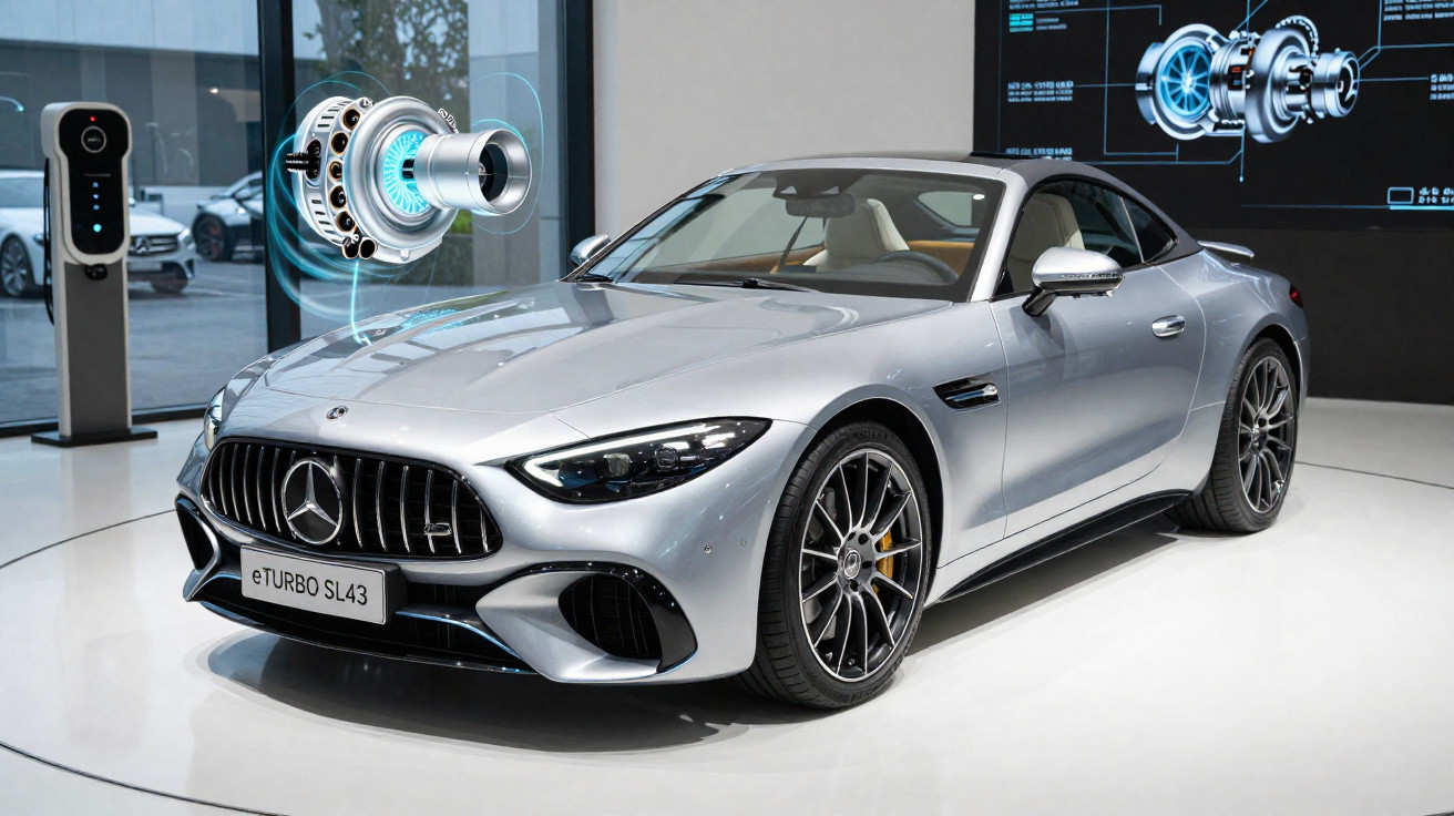 Carro esportivo prata Mercedes eTurbo SL43 em exposição com projeção de turbo na frente e painel técnico ao fundo.