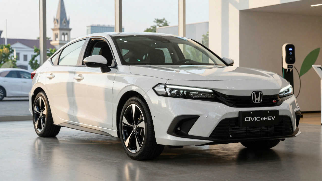 Honda Civic eHEV branco estacionado em showroom com estação de recarga ao fundo.