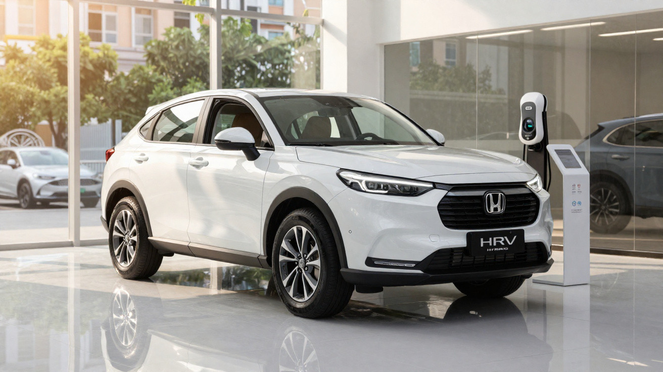 Carro branco Honda HR-V híbrido estacionado próximo a carregador elétrico dentro de showroom.