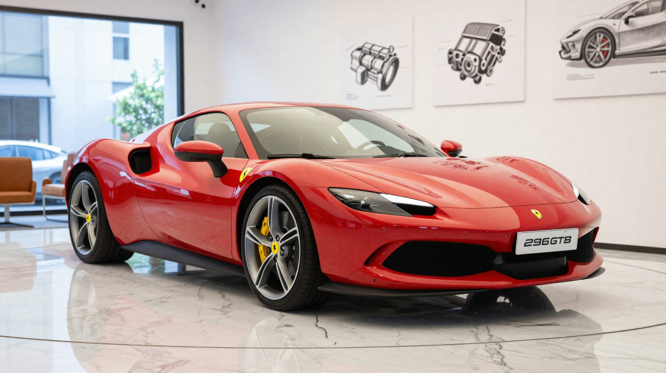 Carro esportivo Ferrari 296 GTB vermelho exibido em showroom com piso de mármore branco.
