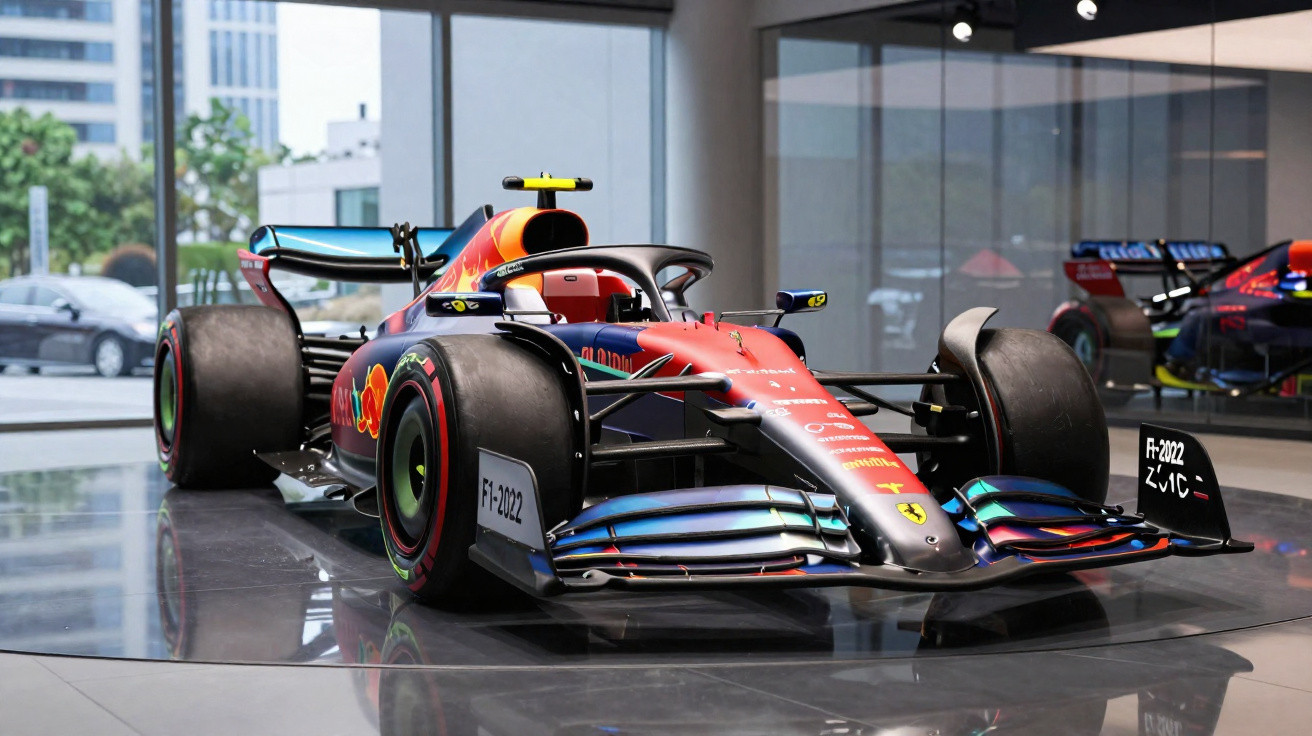 Carro de corrida F1 2022 da Ferrari vermelho com aerofólio azul em exposição interna moderna.