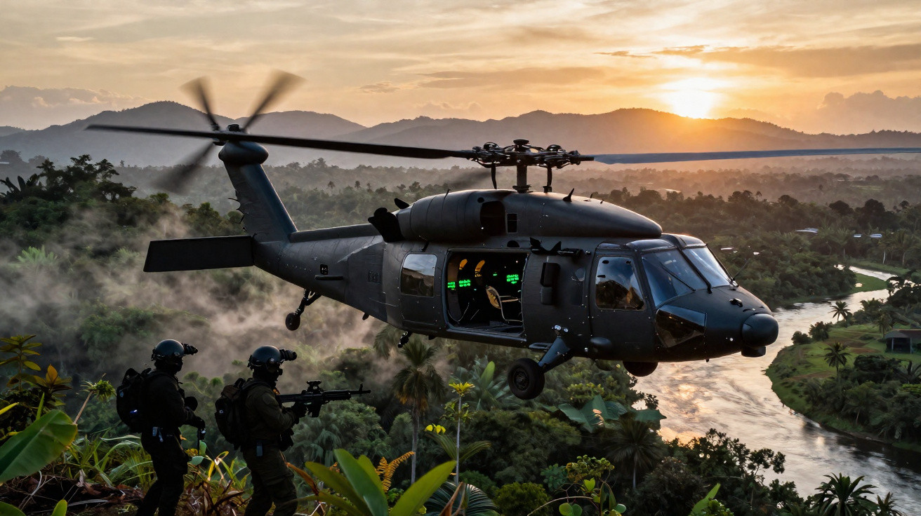Helicóptero militar hover sobre vegetação com dois soldados armados à frente ao pôr do sol.
