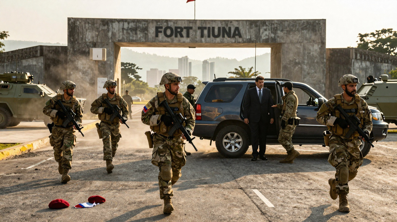 Soldados armados saindo de veículo em frente à entrada do Fort Tiuna com veículos militares ao fundo.