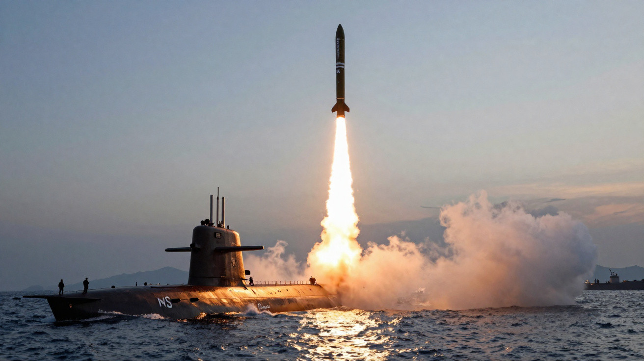 Submarino lançando míssil no mar ao entardecer com céu claro e luz do sol refletida na água.