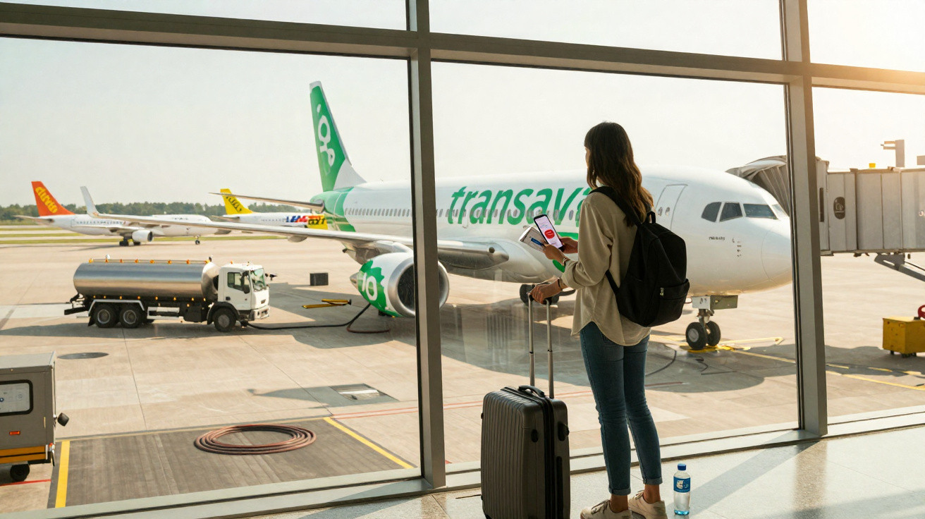 Mulher com mochila e mala observa avião da Transavia no portão do aeroporto, com caminhão tanque ao fundo.