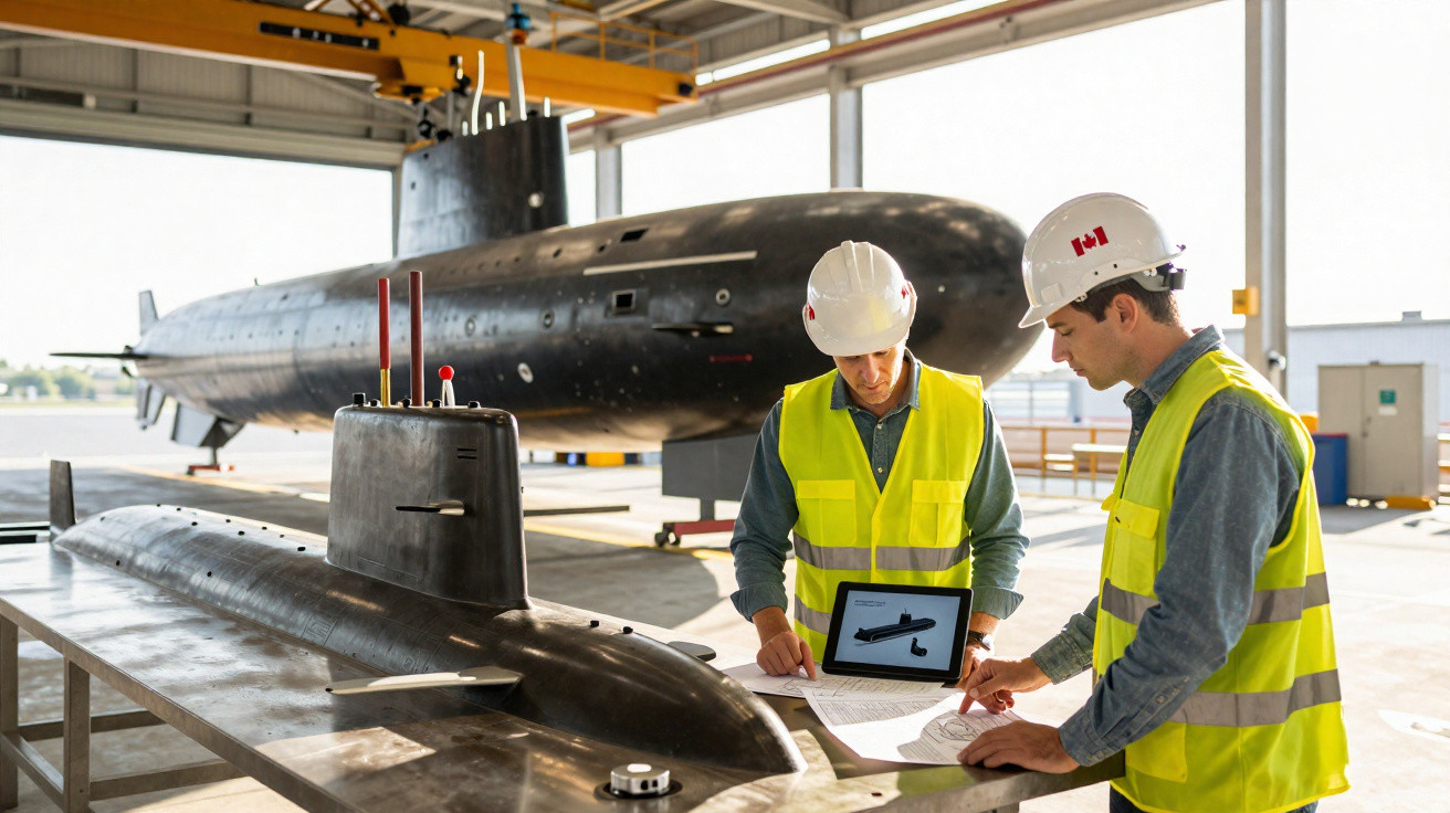 Dois engenheiros em coletes e capacetes revisam desenhos técnicos próximos a modelos de submarinos em oficina industrial.
