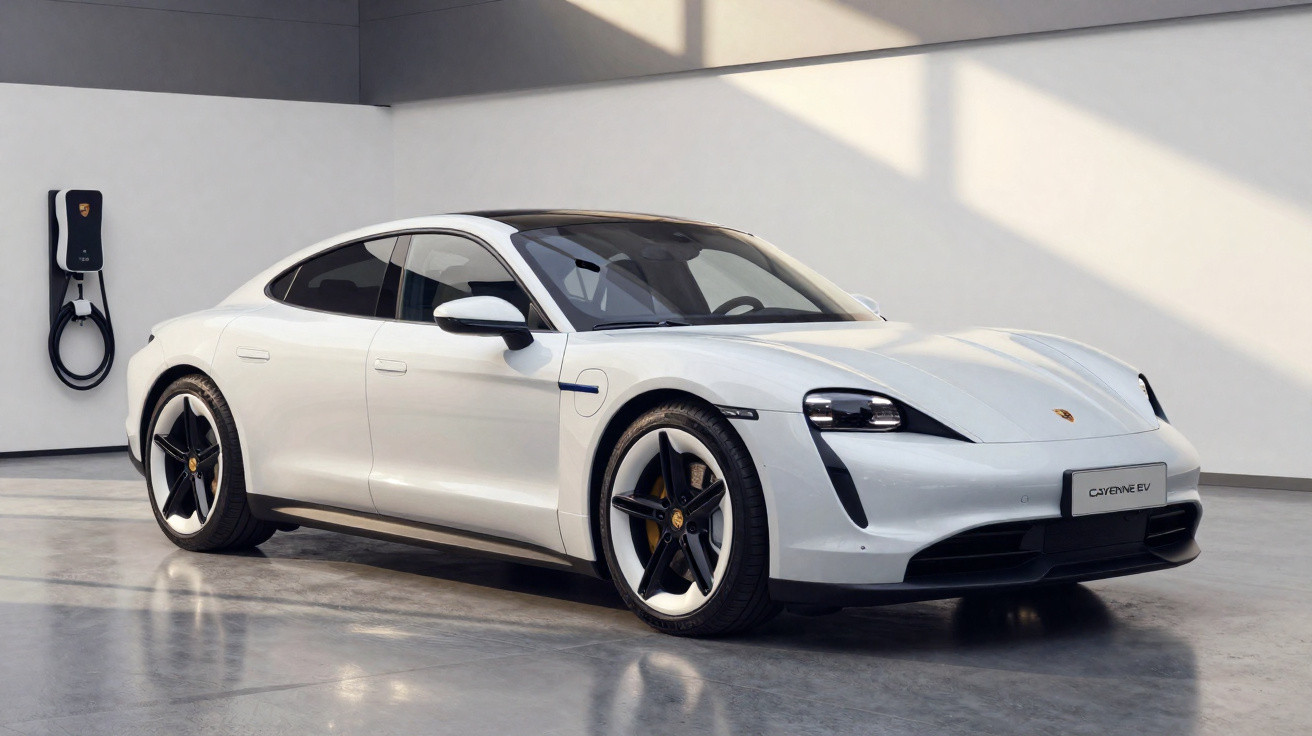 Carro esportivo branco Porsche Taycan EV estacionado em ambiente interno com carregador elétrico na parede.