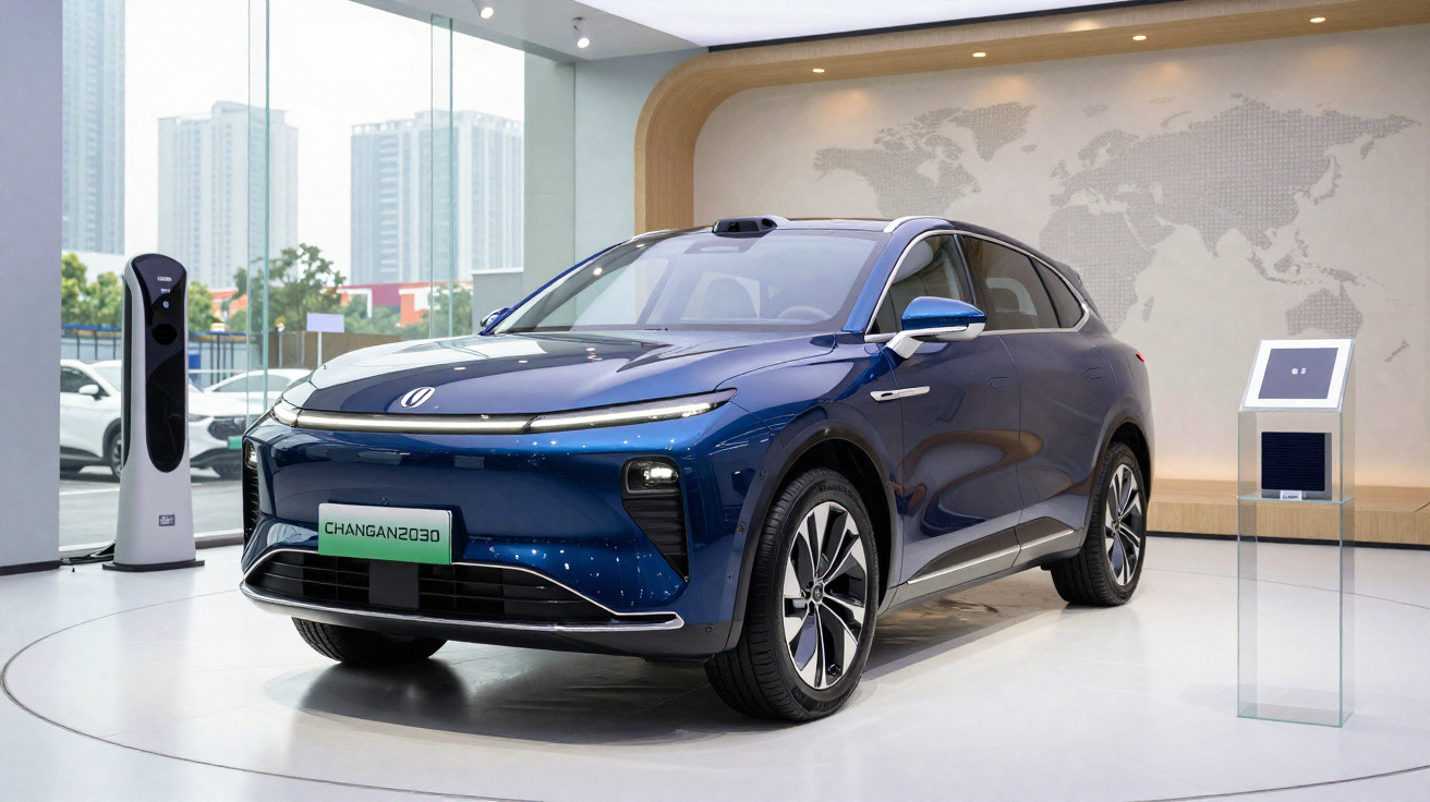 Carro elétrico azul exposto em showroom moderno com painel mundial ao fundo e carregador ao lado.