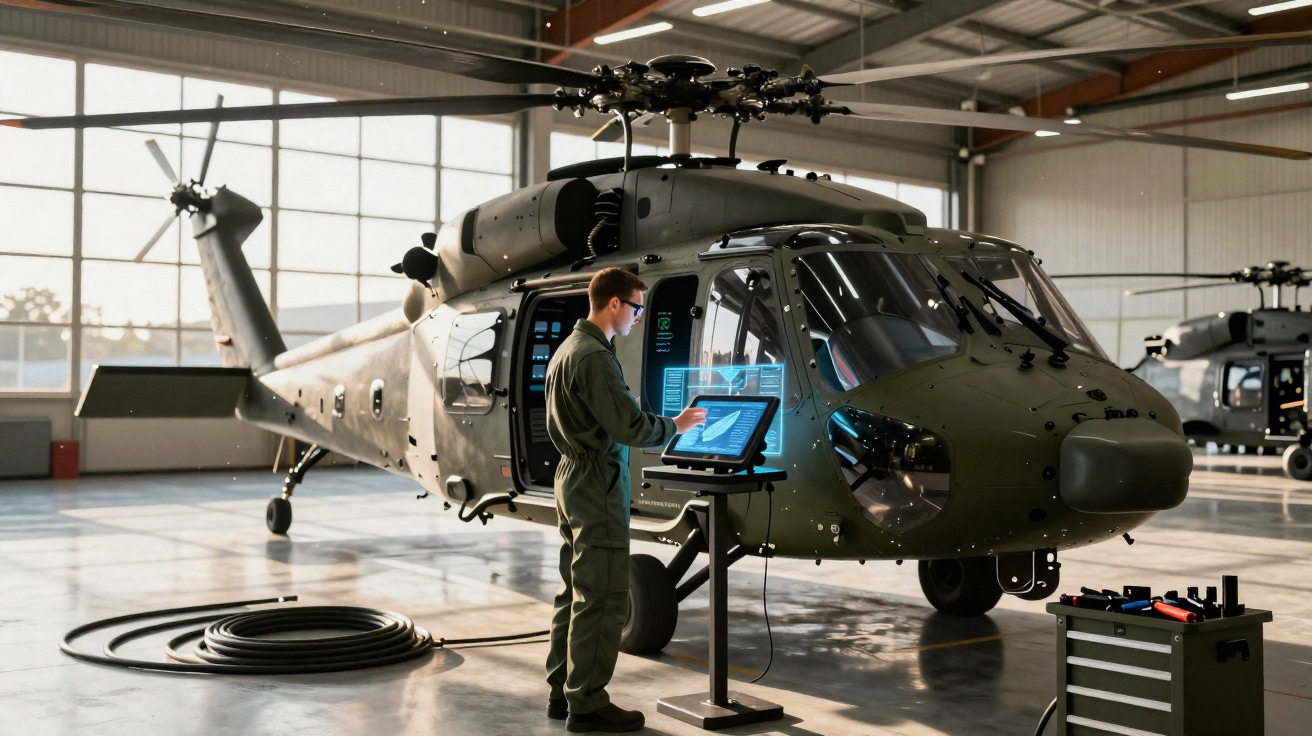 Homem em uniforme trabalhando em painel digital ao lado de helicóptero militar dentro de hangar.