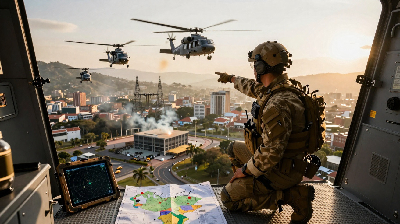 Militar em helicóptero apontando para dois helicópteros voando sobre uma cidade ao pôr do sol.