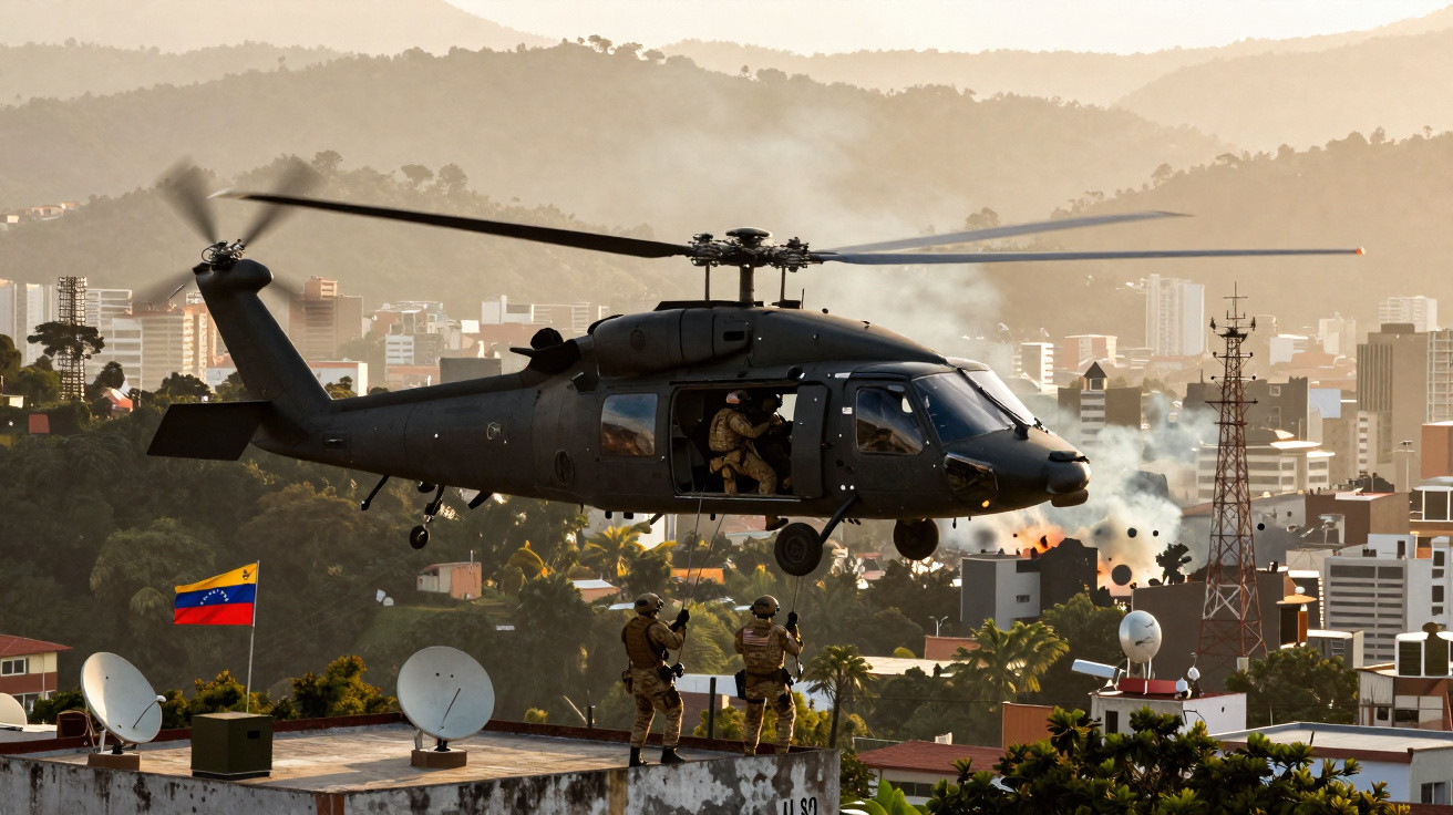Helicóptero militar preto voando sobre prédio com soldados armados e bandeira da Venezuela ao fundo.