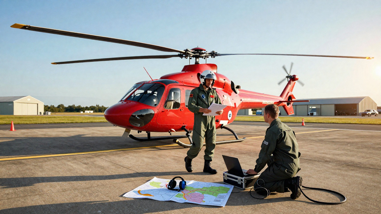 Dois pilotos militares ao lado de helicóptero vermelho, analisando mapa e equipamentos no solo.