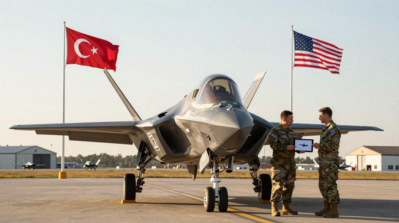 Avião de caça estacionado com bandeiras da Turquia e EUA ao fundo e dois militares conversando.